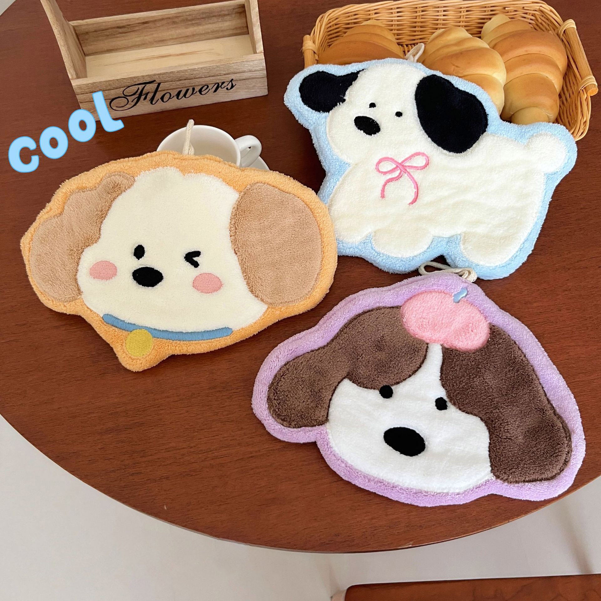 Set of 3 Assorted Cute Puppy Cartoon Hanging Hand Towels (Super Absorbent)