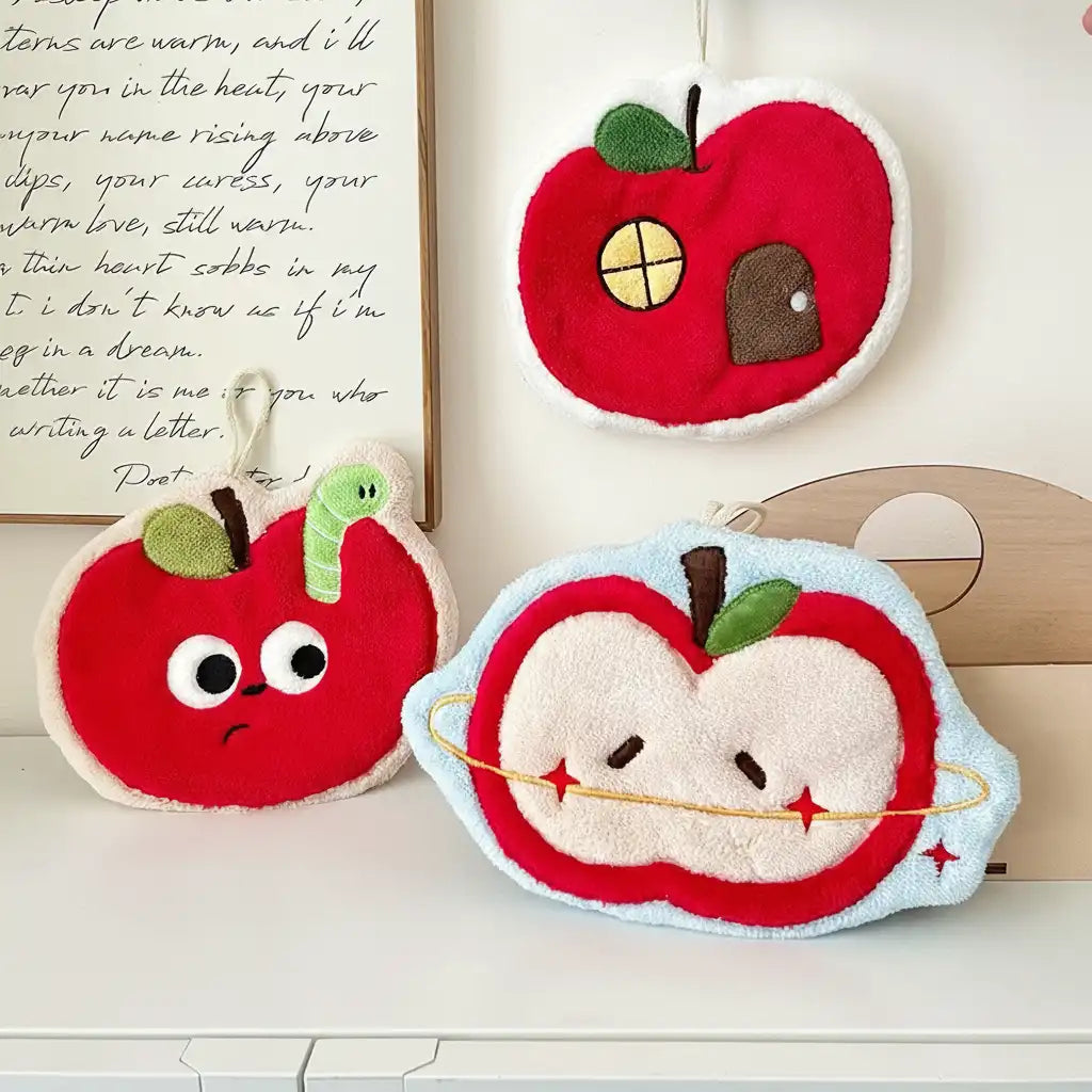 Set of 3 Assorted Red Apple Cartoon Hanging Hand Towels (Super Absorbent)