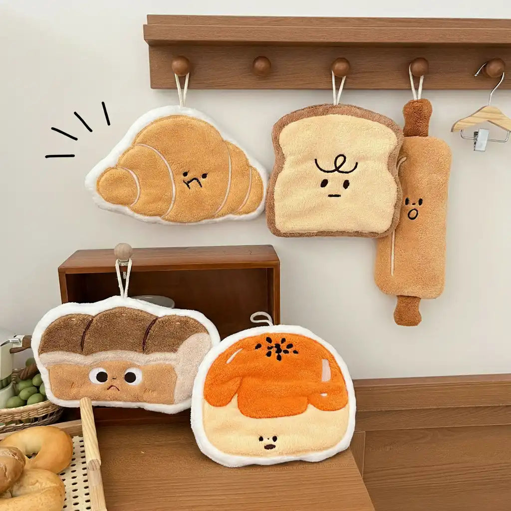 Set of 4 Assorted Bread Cartoon Hanging Hand Towels + FREE rolling pin Towel