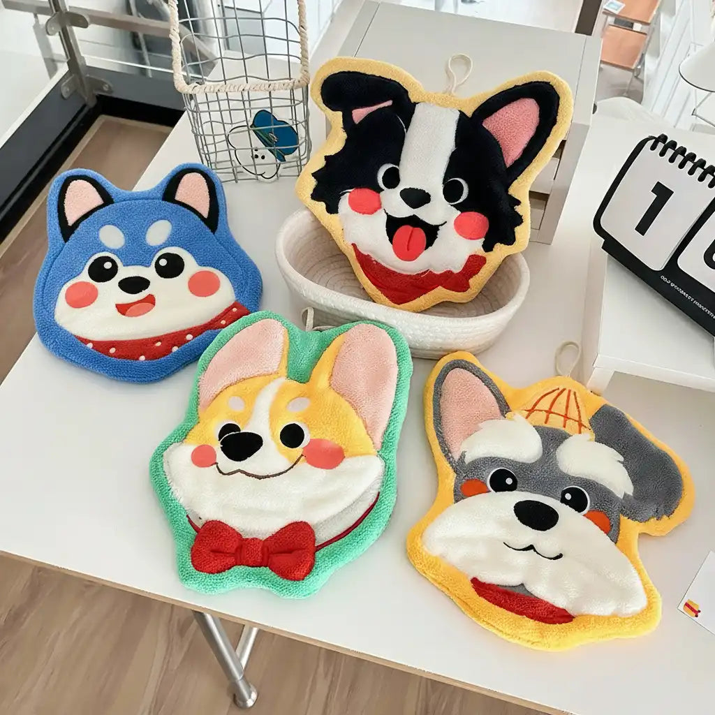 Set of 4 Assorted Cute Doge Cartoon Hanging Hand Towels (Super Absorbent)