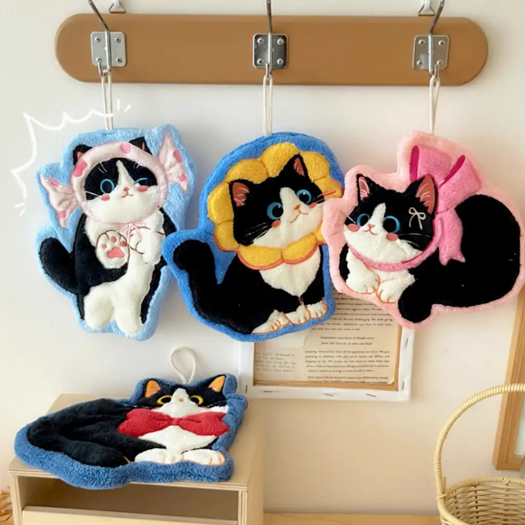 Set of 4 Assorted Cute Kitty Cartoon Hanging Hand Towels (Super Absorbent)