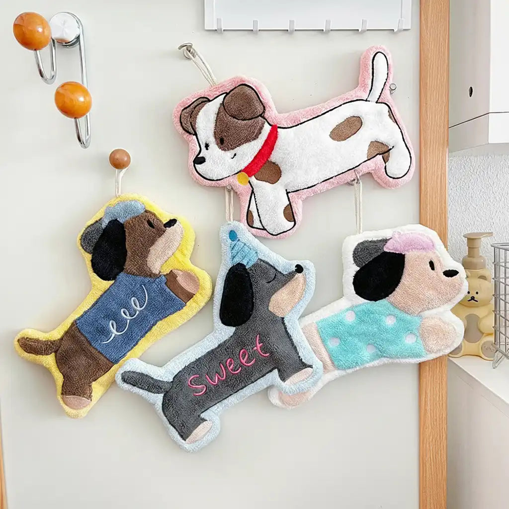 Set of 4 Assorted Cute Puppy Cartoon Hanging Hand Towels (Super Absorbent)