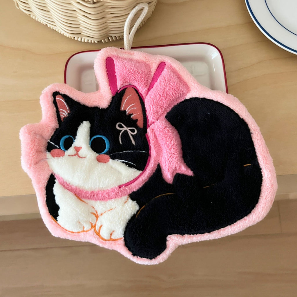 Set of 4 Assorted Cute Kitty Cartoon Hanging Hand Towels (Super Absorbent)